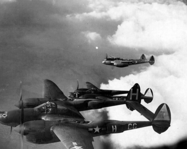38th FS of the 55th FG – P-38Js in formation.