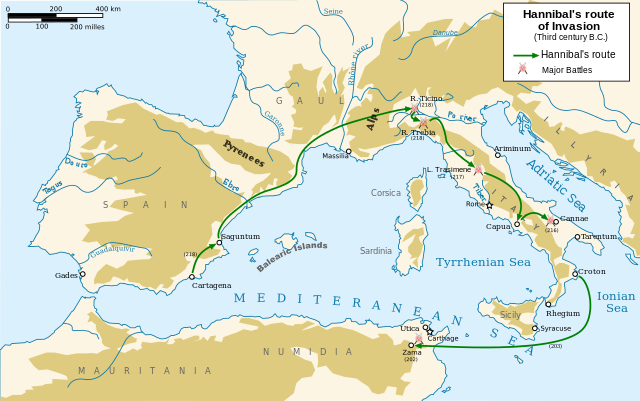 Route of Hannibal’s invasion of Italy. Map: Abalg / CC-BY-SA 3.0