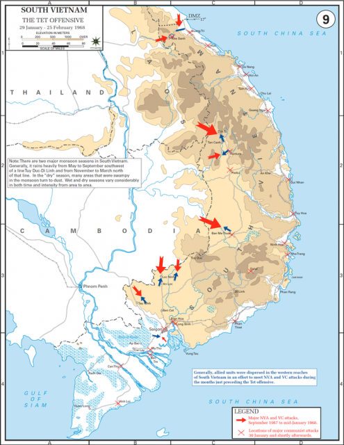 Map indicating towns and cities in which significant fighting occurred during the Tet Offensive of 1968