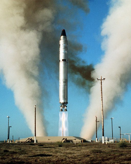 Test launch of an LGM-25C Titan II ICBM from an underground silo at Vandenberg AFB, United States, mid-1970s