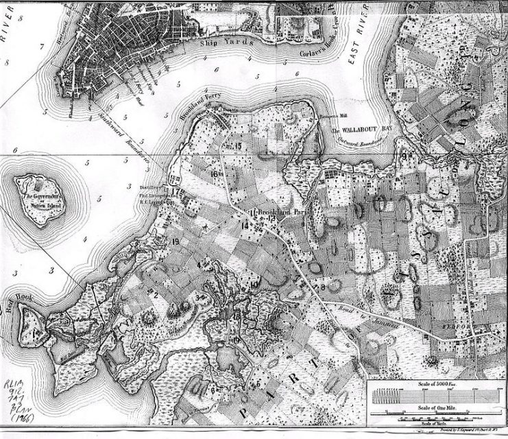 American strategy called for the first line of defense to be based on the Heights of Guan, a series of hills which stretched northeast across King’s County. The main defensive works were a series of forts and entrenchments located in the northwest of the county, in and around Brooklyn. The “Road to Narrows” is the Gowanus Road. No. 5 is the “Old Stone House”. Map by Bernard Ratzer based on his 1766-1767 survey.