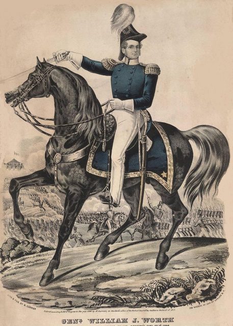 Worth at the Battle of Monterrey, 1846. Lithographic portrait of General William J. Worth USA (March 1, 1794 – May 7, 1849) titled Genl. William J. Worth at the Storming of the Bishop’s Palace, Monterey Sept 22nd 1846 [viz., Battle of Monterrey)]