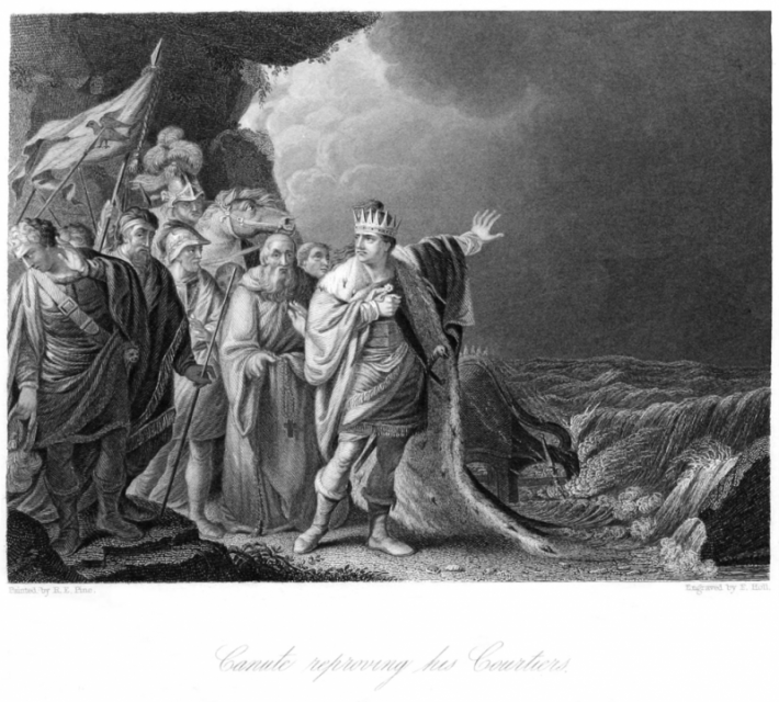 An Illustration of the legend of King Cnute and the waves.