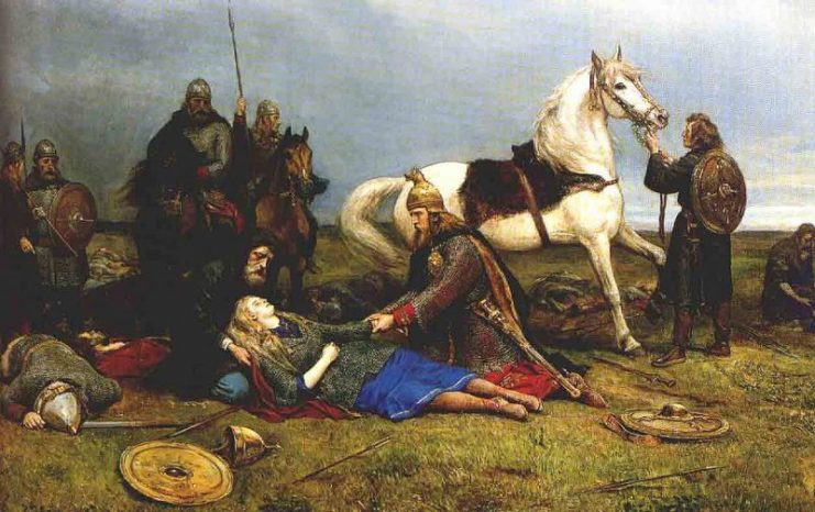 Hervor’s death by Peter Nicolai Arbo. Hervör was a shieldmaiden in the cycle of the magic sword Tyrfing, presented in̪ the Hervarar saga, of which parts are found in the Poetic Edda.