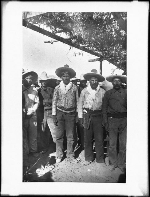 A group of Yaqui Indians, including Chief Talaviate, at the surrender and signing of peace treaty at Ortiz, Mexico, ca.1910