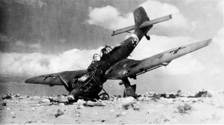 Wreck of Ju 87D Stuka dive bomber of German Sturzkampfgeschwader 3, North Africa, 1942