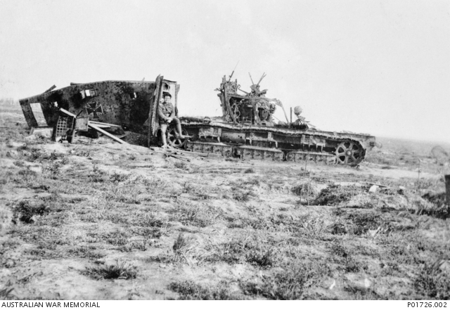 An extensively damaged A7V tank near Villers-Bretonneux. This is apparently tank 561 Nixe in which Second Lieutenant Wilhelm Biltz of Abteilung 2 fought the first tank versus tank battle on 24 April 1918. In this engagement two British female Mark IV tanks were disabled by Nixe before it was severely damaged by male Mark IV tank No. 4066.