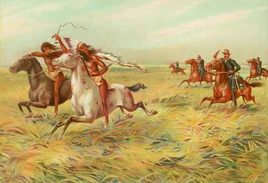 Artist depiction of U.S. Cavalry Chasing Native Americans.