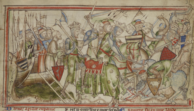 The arrival of King Harald of Norway and his defeat of the Northumbrians at Fulford, from The Life of King Edward the Confessor by Matthew Paris. 13th century.