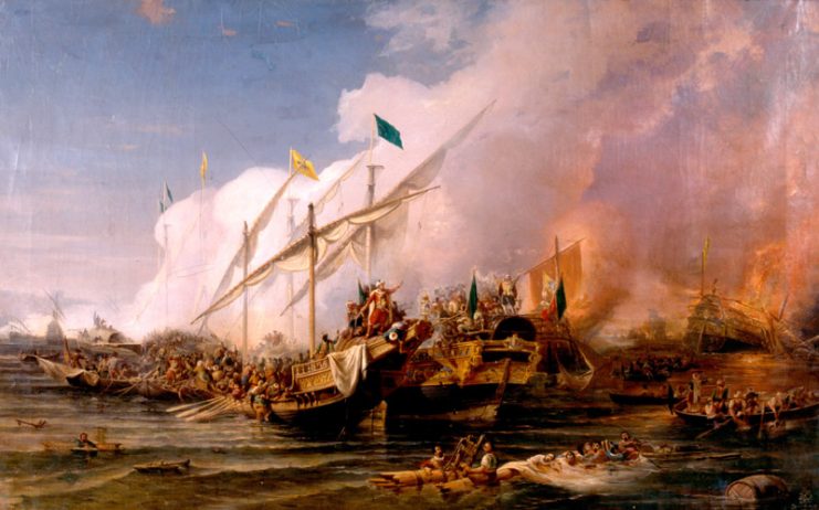 Barbarossa Hayreddin Pasha defeats the Holy League of Charles V under the command of Andrea Doria at the Battle of Preveza (1538)