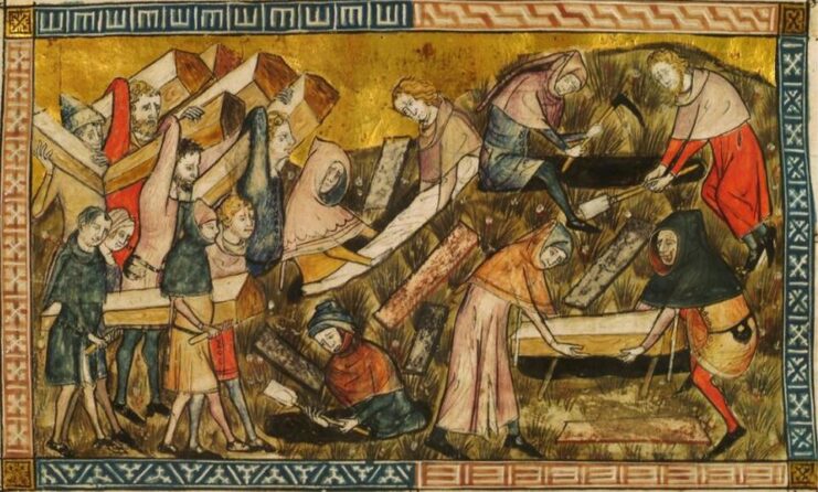 A painting showing people burying victims of the Black Death