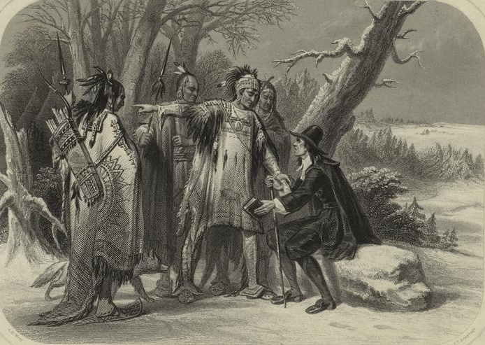 Engraved print depicting Roger Williams, founder of Rhode Island, meeting with the Narragansett Indians