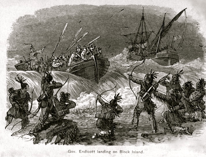 Engraving depicting Endecott’s landing on Block Island