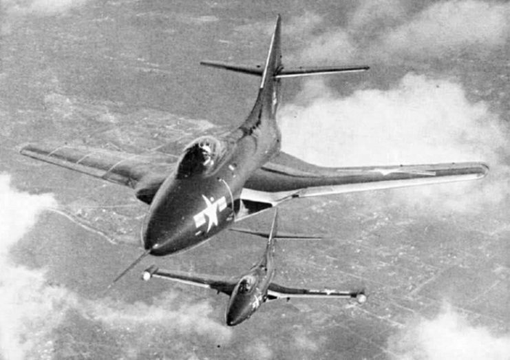 A swept-wing F9F-6 Cougar (foreground) and a straight-wing F9F-5 Panther in flight.