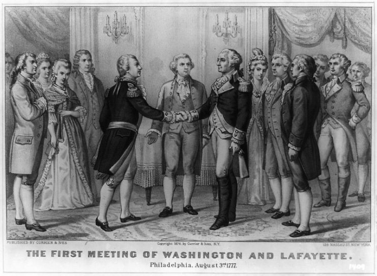 The Marquis de Lafayette visiting George Washington in 1777 during the American Revolutionary War.