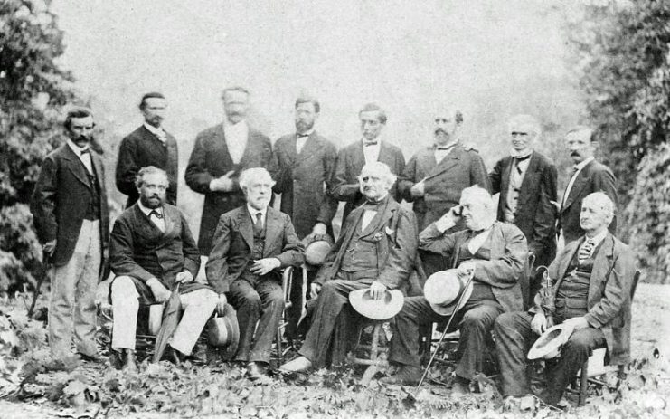 General Lee and his Confederate officers in their first meeting since Appomattox, August 1869. This is the only from life photograph of Lee with his Generals in existence, during the war or after.