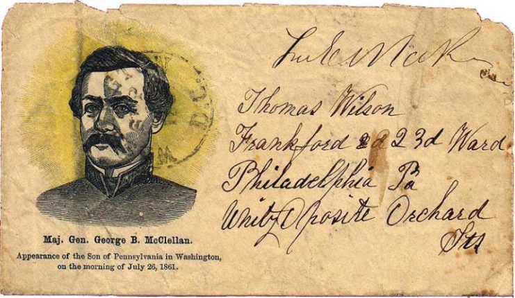 Patriotic cover honoring the arrival of Maj. Gen. George B. McClellan in Washington, D.C., on July 26, 1861.