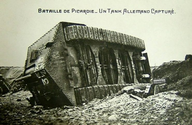 German A7V tank “Elfriede” captured by French Troops at Villers-Bretonneux, 24-Apr-1918. French Postcard 1918