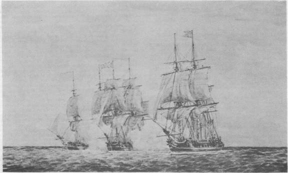 Continental frigates Hancock and Boston capturing British frigate Fox, June 7, 1777