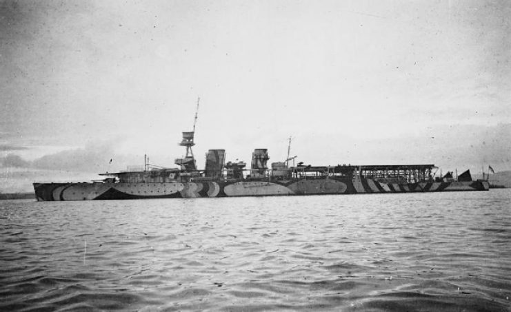 HMS Vindictive converted to an aircraft carrier with six seaplanes, c. 1918