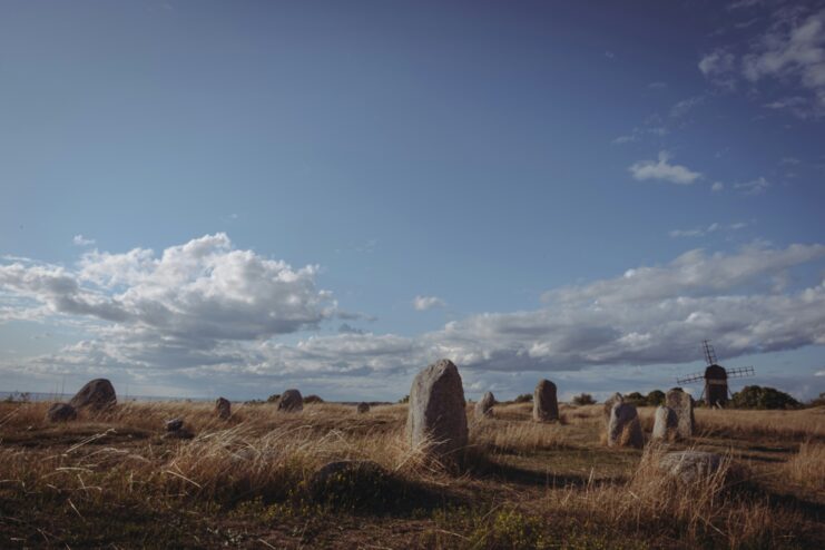 Stones in a field acting as grave markers.