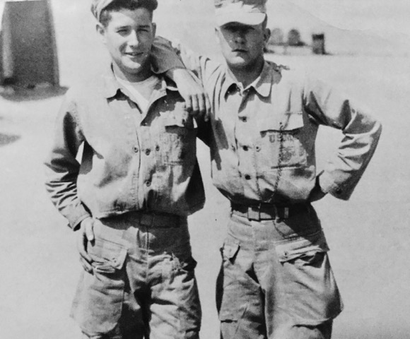 Pat Finn (left) with his buddy, Cpl. James Robideau, at Camp Pendleton, before their deployment to Korea (Photo courtesy of Pat Finn).