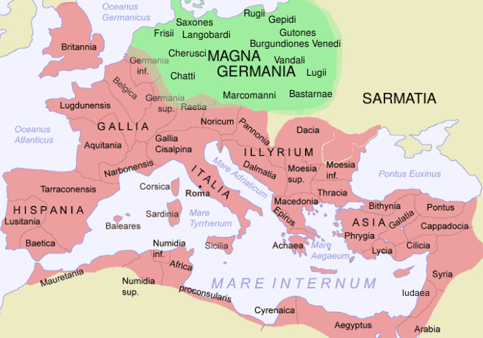 Map of the Roman Empire and Magna Germania in the early 2nd century. Map: D. Bachmann / CC-BY-SA 3.0