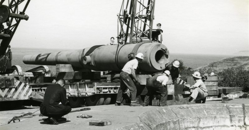 Workmen unload and emplace the guns at Fort Casey. Photo: David Hansen, Photographer