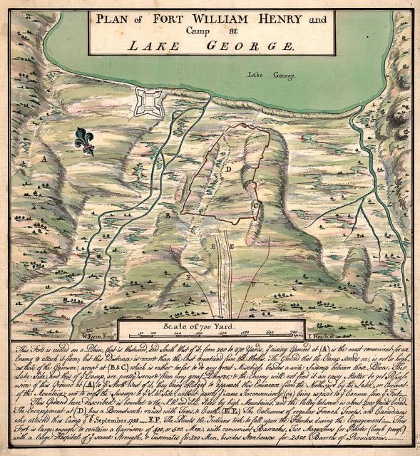 Location of Fort William Henry at the southern end of Lake George