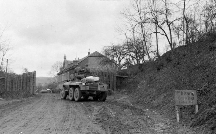 M8 of the 10th Armored Spearhead reaches Quint Germany 9 March 1945.