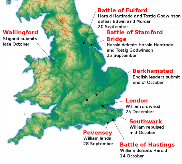 Major events in the Norman conquest of England in the 11th century. – Amitchell125 CC BY 3.0