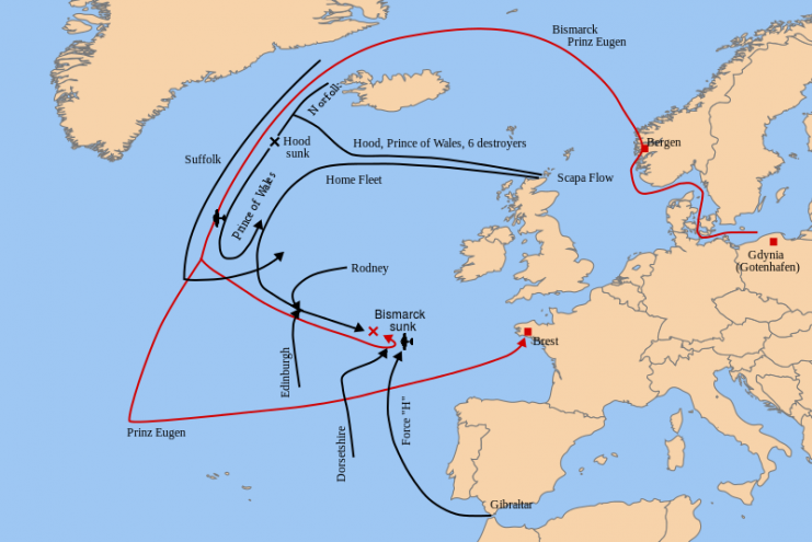 Map showing the course of Bismarck and the ships that pursued her Photo by Citypeek CC BY-SA 3.0