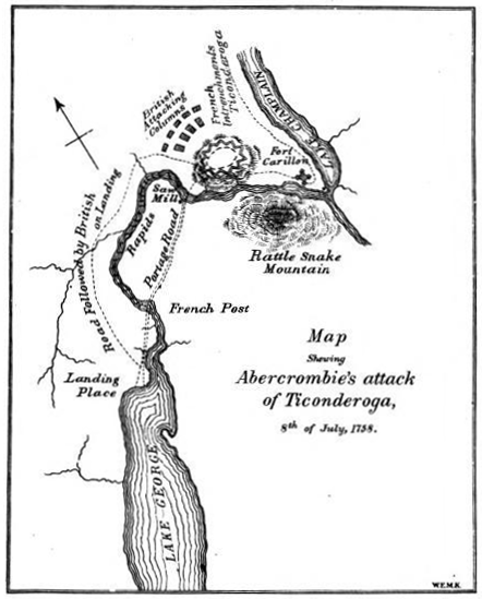 Map showing the intended route the British troops took toward the fort in their first attempt
