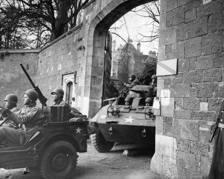 MB GPW Jeep And M8 Armored Car Leave Castle For Invasion Training 1944.