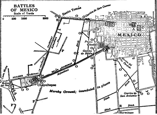 Mexico City Battles. Molino del Rey is on the left. “O” depicts a Mexican battery, “P” an American battery, and “R” is Steptoe’s battery.