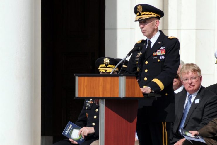Retired Maj. Gen. Carl H. McNair, who served as a helicopter pilot during the Vietnam War, discussed the impact of rotary-wing aviation on the Vietnam War effort during the dedication of the Vietnam Helicopter Pilot and Crewmember Monument at Arlington National Cemetery in Washington, D.C., April 18, 2018. (Photo Credit: U.S. Army photo by C. Todd Lopez)