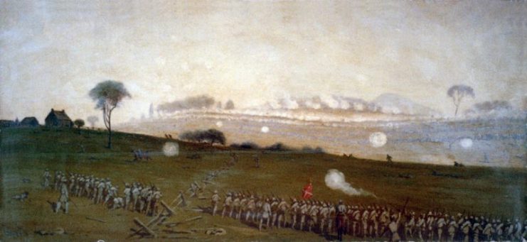 Pickett’s Charge from a position on the Confederate line looking toward the Union lines, Ziegler’s Grove on the left, clump of trees on right, painting by Edwin Forbes