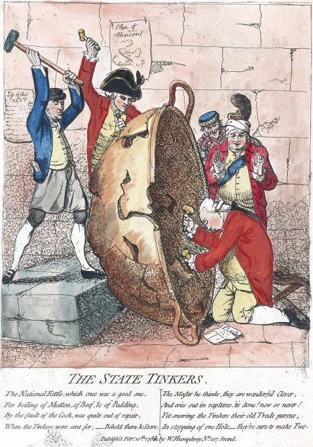 Political Cartoon criticizing Sandwich and the North Government as Incompetent Tinkers.