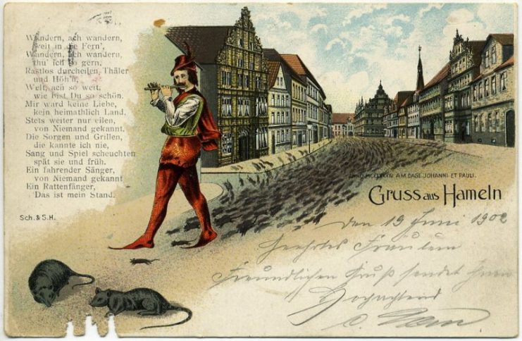 Postcard “Gruss aus Hameln” featuring the Pied Piper of Hamelin, 1902