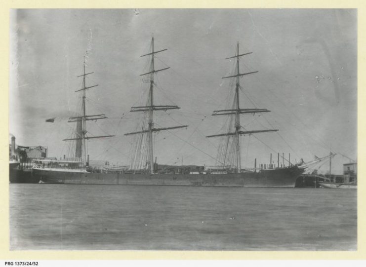 The iron ship ‘Manx King’, 1751 tons, in an unidentified port [iron ship, 1751 tons, ON86135. 251.0 x 39.0 x 24.1. Built 1884 (10) Richardson, Duck and Co., Stockton. Owners: GS Karran, registered Castletown, Isle of Man to Norway without change of name c.1912]. The ‘Manx King’ was stopped and scuttled by the U-156 on 8 July 1918, when it was traveling between New York and Rio de Janeiro. The captain Rasmus Emil Halvorsen and crew were rescued from the lifeboats after 27 hours by DS ‘Anchites’