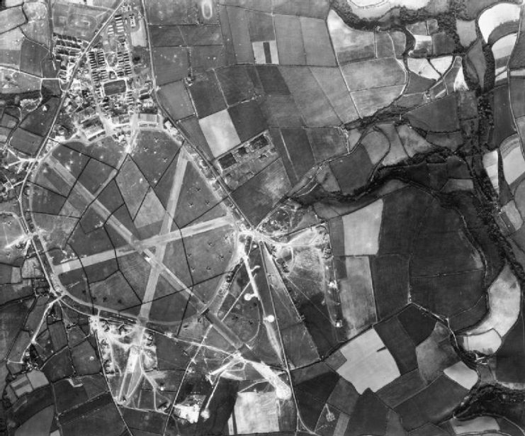 Aerial view of the RAF Coastal Command airfield RAF St Eval in Cornwall, UK.