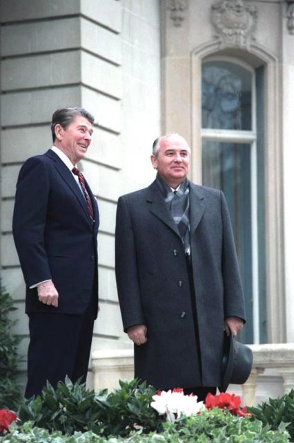 Soviet General Secretary Gorbachev with President Reagan on their first meeting at Fleur D’Eau during the Geneva Summit in Switzerland, 1985.