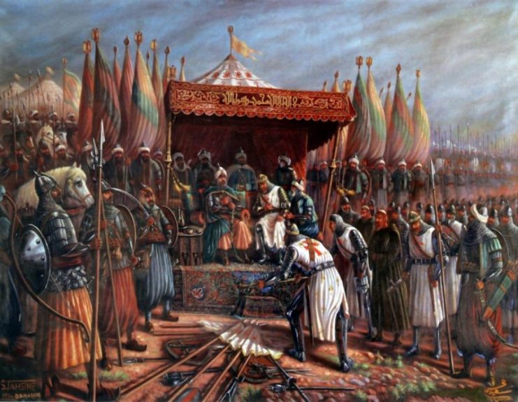 Saladin and Guy de Lusignan after battle of Hattin in 1187