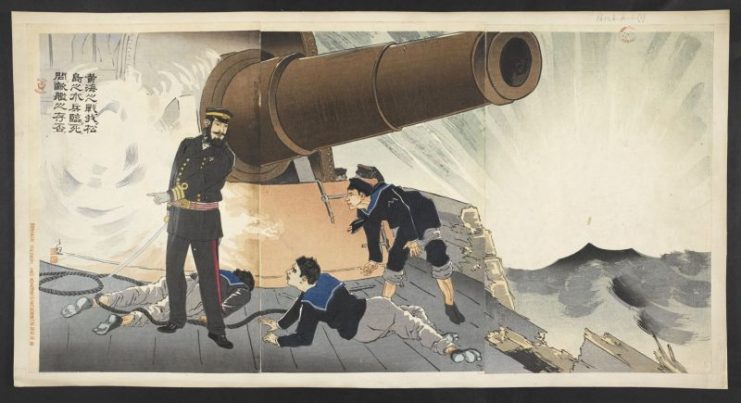 -Scene aboard the battleship Matsushima during the Battle of the Yalu River