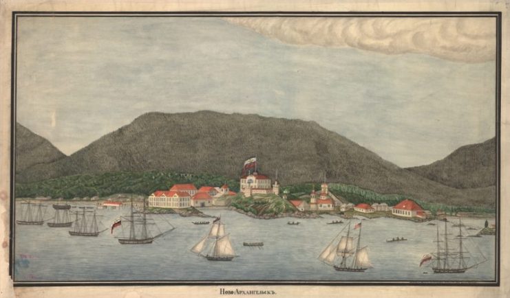 The Russian-American Company’s capital at New Archangel (present-day Sitka, Alaska) in 1837