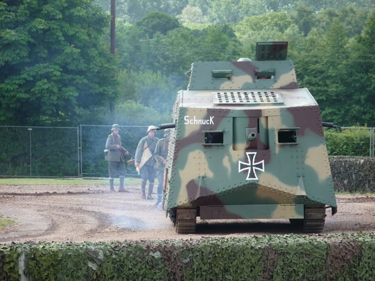 The Tank Museum at Bovington’s A7V replica during a public display (June 2009) Photo Simon Q CC BY 2.0