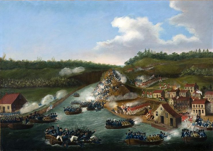 This painting of the Battle of Queenston Heights depicts the unsuccessful American landing on October 13, 1812.