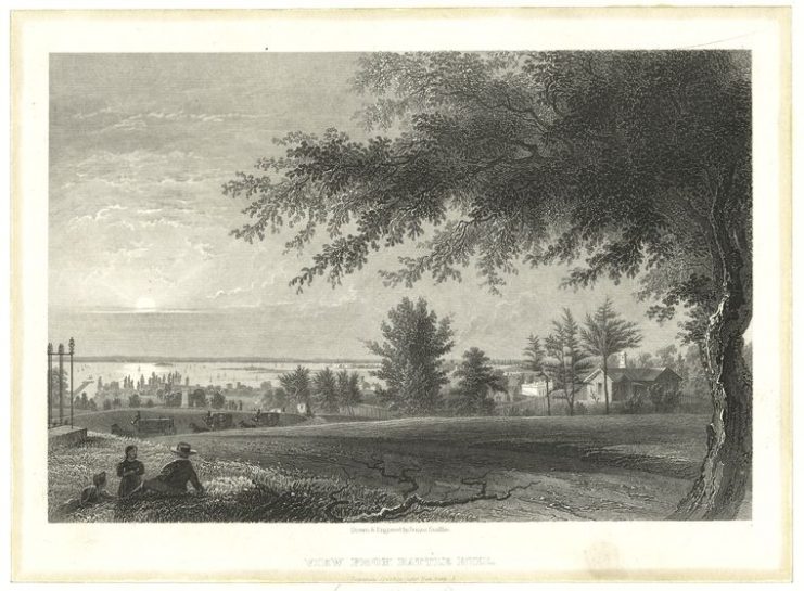 A view from Battle Hill – the highest point in King’s County – looking west toward Upper New York Harbor and New Jersey beyond.. Here on Lord Stirling’s left flank about 300 Americans under Colonel Atlee and General Parsons repulsed successive attacks by the British after taking the hill, and inflicted the highest casualties against the British during the Battle of Long Island.