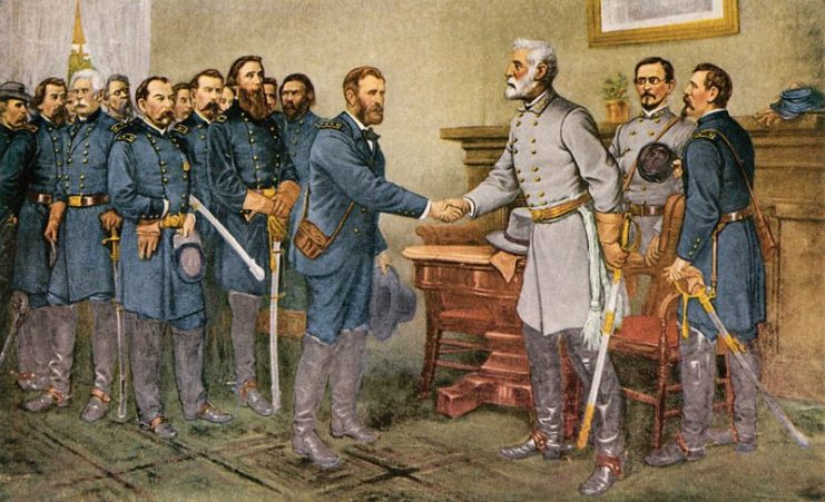 A print showing Union Army General-in-Chief Ulysses S. Grant accepting Confederate General-in-Chief Robert E. Lee’s surrender on April 9th, 1865