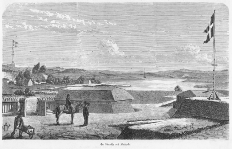 Danish fortification near Mysunde. Contemporary illustration of the 1864 German-Danish War. This drawing (by Frederik Christian Lund) was published in Illustreret Tidende, October 13, 1861, and showed the expansion of the Danish fortifications at Dannevirke at a time when there was still peace.